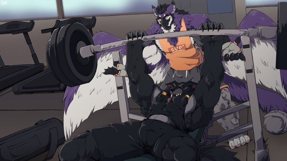 Gryphon man playfully but incorrectly spotting a worgen man who's trying to perform a bench press, by standing much too close, to the point that his junk is pressed against the worgen's head. The worgen is displeased.