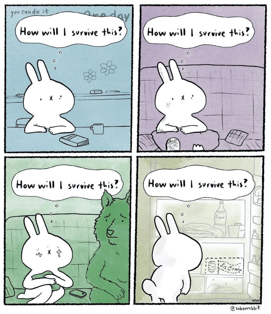 Four comic panel. In the first, Rabbit sits at a 12 step meeting, looking worried. There is a thought bubble above their head: “how will I ever survive this?” In the next panel, Rabbit sits on the couch with their foot in a cast. “How will I ever survive this?” they think. In the third panel, Rabbit clutches a pillow, looking devastated. Their phone is beside them, as is Wolf, their spouse. “How will I ever survive this?” they wonder. (Readers of the comic know that Rabbit’s best friend died in 2020.) in the last panel, Rabbit looks inside an open fridge, their back to us. There is a dotted line outline of a sparkling water box, indicating that they can imagine where the box would be, but they’re out! Thought bubble: “how will I ever survive this?”