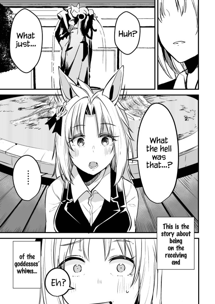 In a second set of panels, a confused horse (who is also a girl (who is also an idol)) is looking at the statue of the three goddess looking confused at first and then shocked.