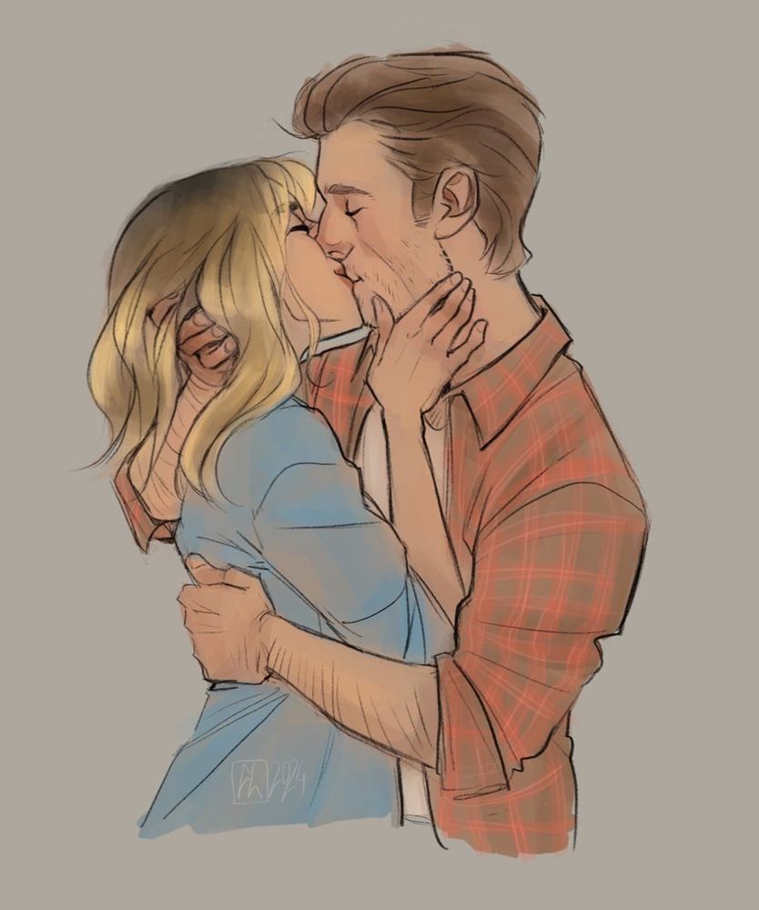 simple drawing of characters Kate Carter and Tyler Owens from movie Twisters; kissing softly; Kate keeps her hand on Tyler's jaw; Tyler holds Kate in an embrace, right hand in Kate's hair, left on her back; Kate is in blue shirt; Tyler is in red-ish lumberjack styled shirt over white t-shirt