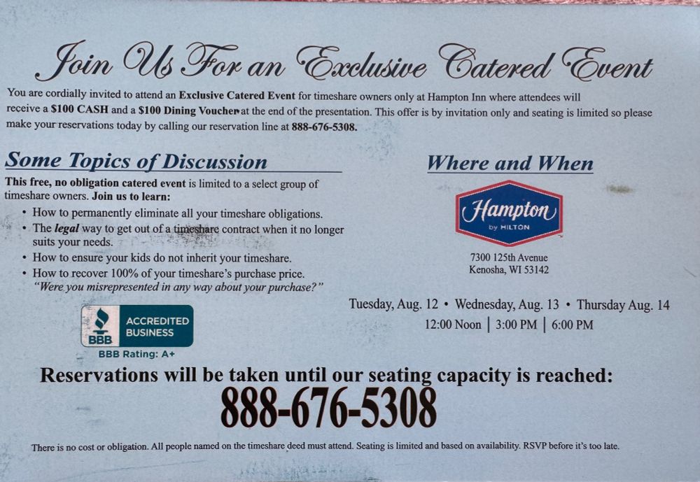 Advertising mailer for an "exclusive" seminar on getting out of a timeshare.