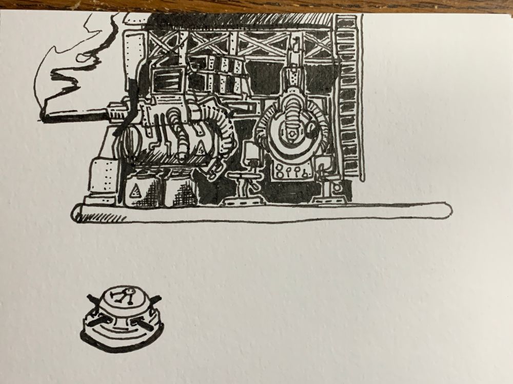 The cross section of a tack shooter, showing the air tanks and shooters themeselves