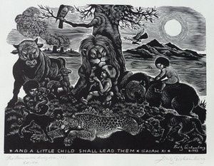 An Eichenberg Peaceable Kingdom woodcut like the first, but the city is replaced by nuclear power plant with steam rising up. A dove carrying an olive branch is conspicuous in the foreground opposite a menacing eagle.