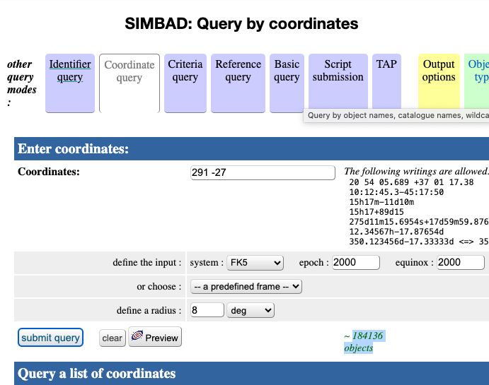SIMBAD coordinate query page around the position of the Wow! signal. Finds 184136 objects. 