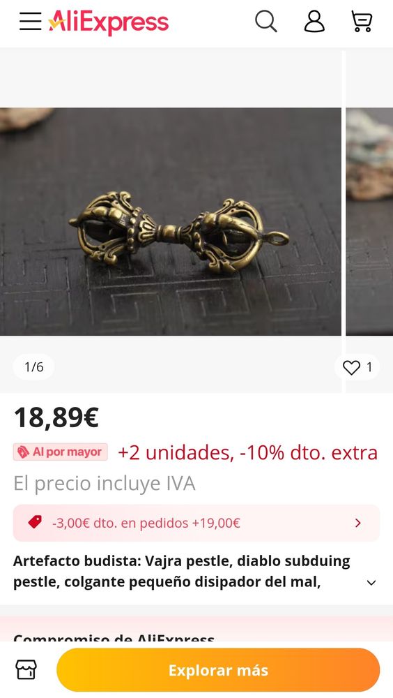 Captura de articulo dorado en venta en Aliexpress definido como "artefacto budista"