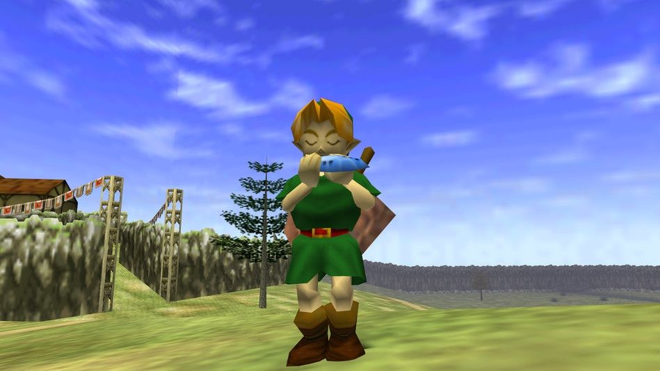 Link from Nintendo 64 game Ocarina of Time playing ocarina in the countryside.