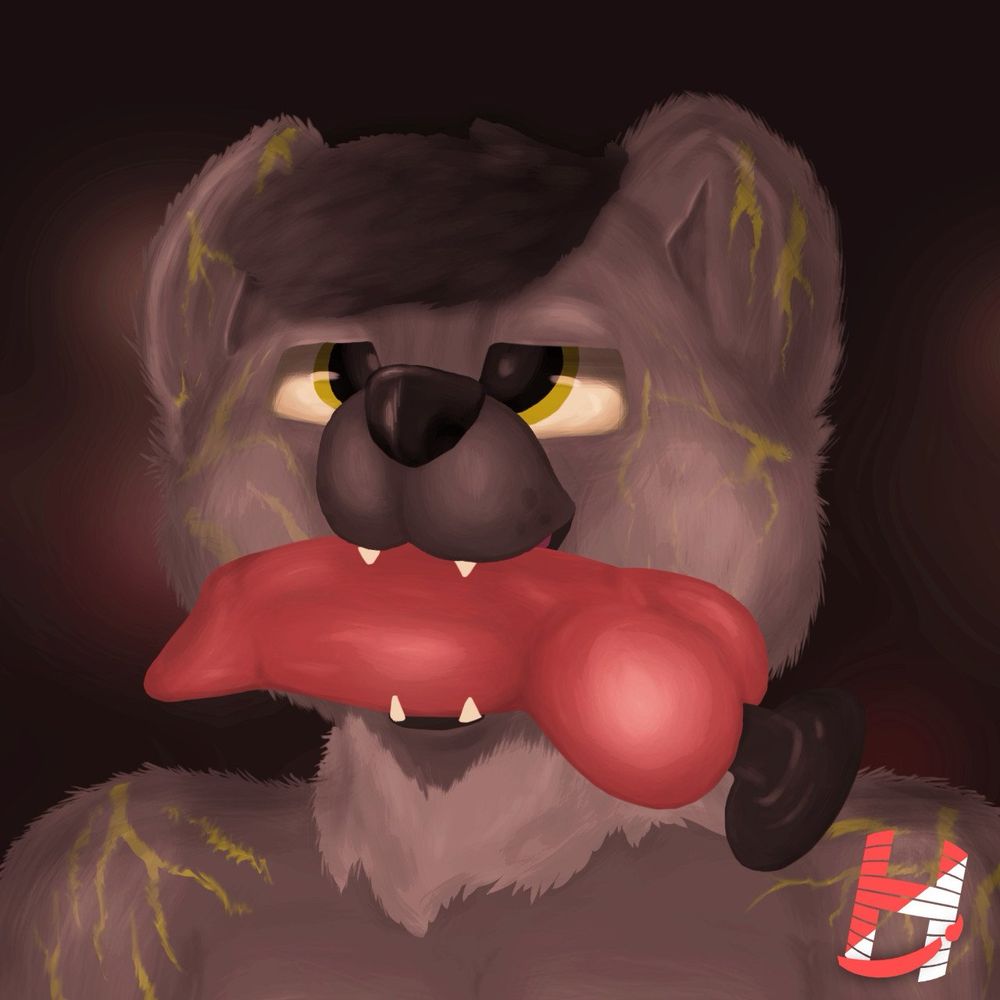 Painting of an anthropomorphic hyena holding a dildo in their mouth