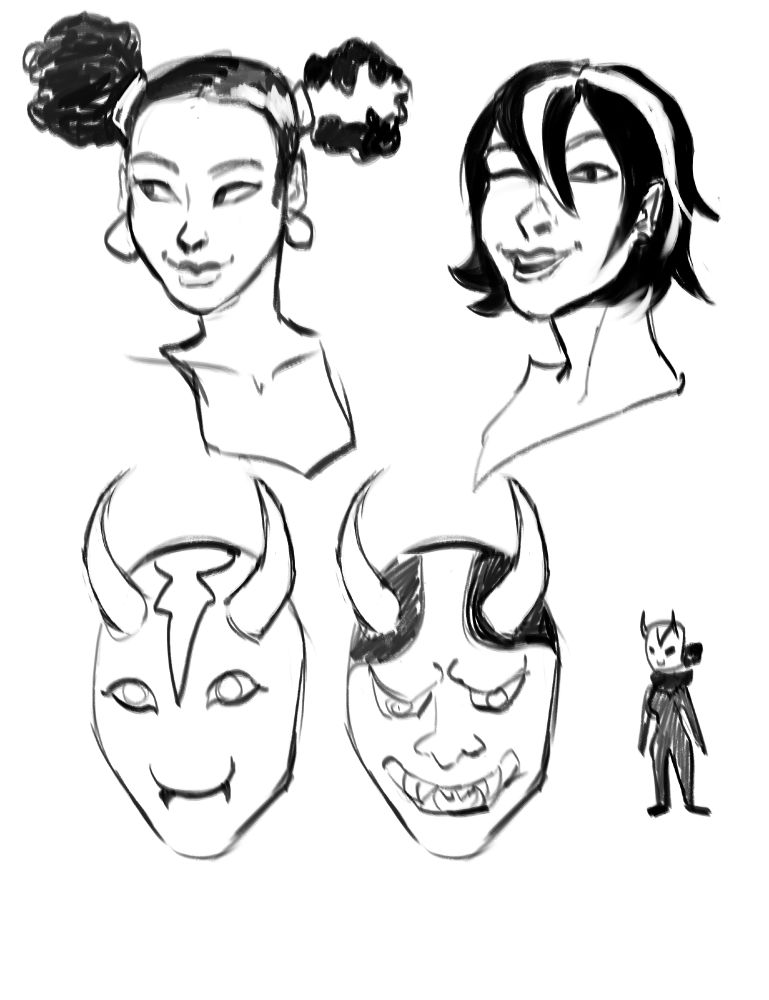 Black and white doodles of Aisha "Imp" Laborn from the Parahumans web serial with puff pigtails and a short perm, as well as designs for a demonic mask.