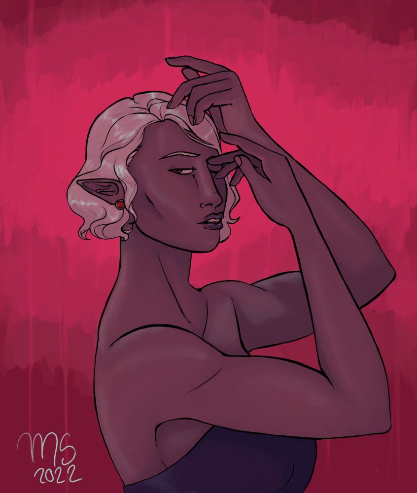 Illustration of a female drow posing against a neon pink background.