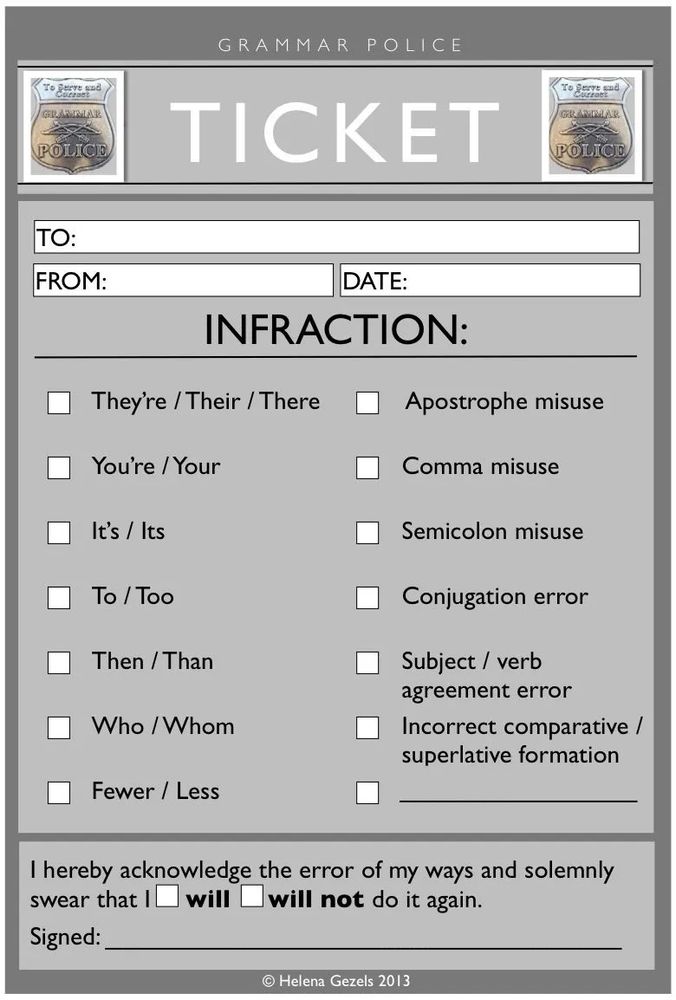 A joke police ticket book for the Grammar Police, listing infractions such as Your/You're, comma misuse, fewer/less, and so forth.