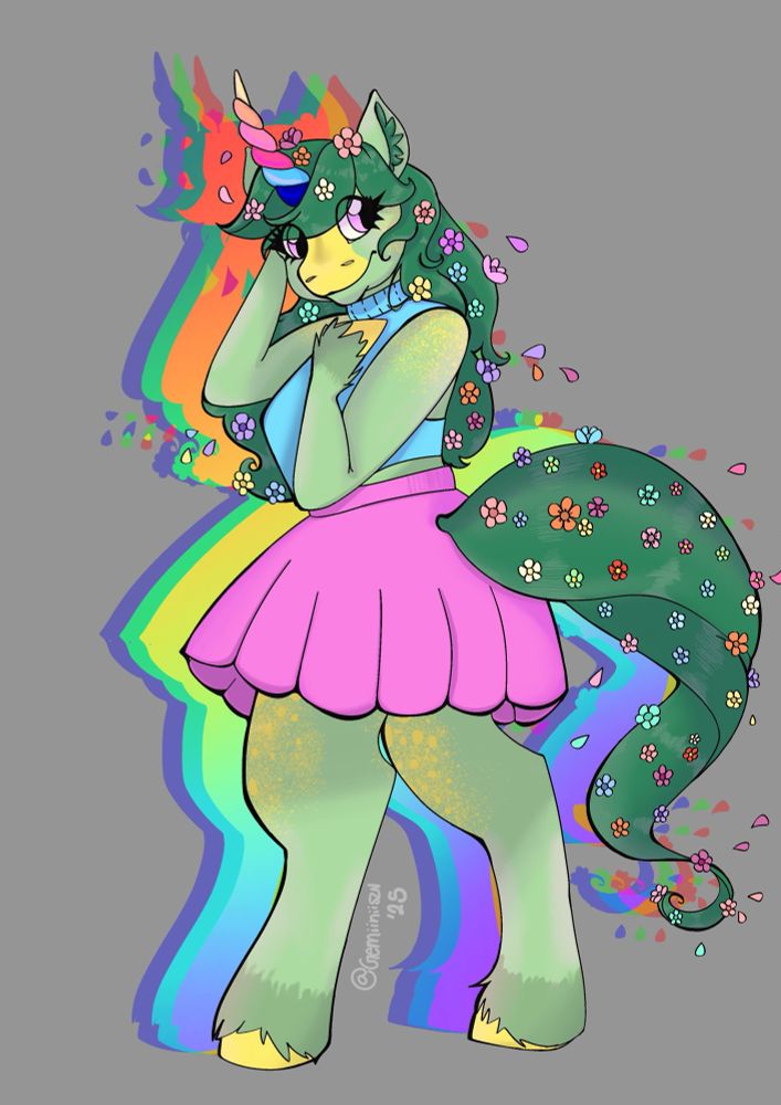 Green pony drawing with yellow freckles on thighs and shoulders. She has on a blue sleeveless crop top and a pink pleated skirt. The pony has a dark green mane and tail with multicolored flowers littered in them. She also has a multicolored, slightly curved horn on her head, making her a unicorn, that background is a neutral, warm gray with the silhouette of the illustration in a rainbow gradient and with a chromatic aboration effect applied to it. It is signed “@gemiiniiSZN ‘25” in low opacity at the bottom 