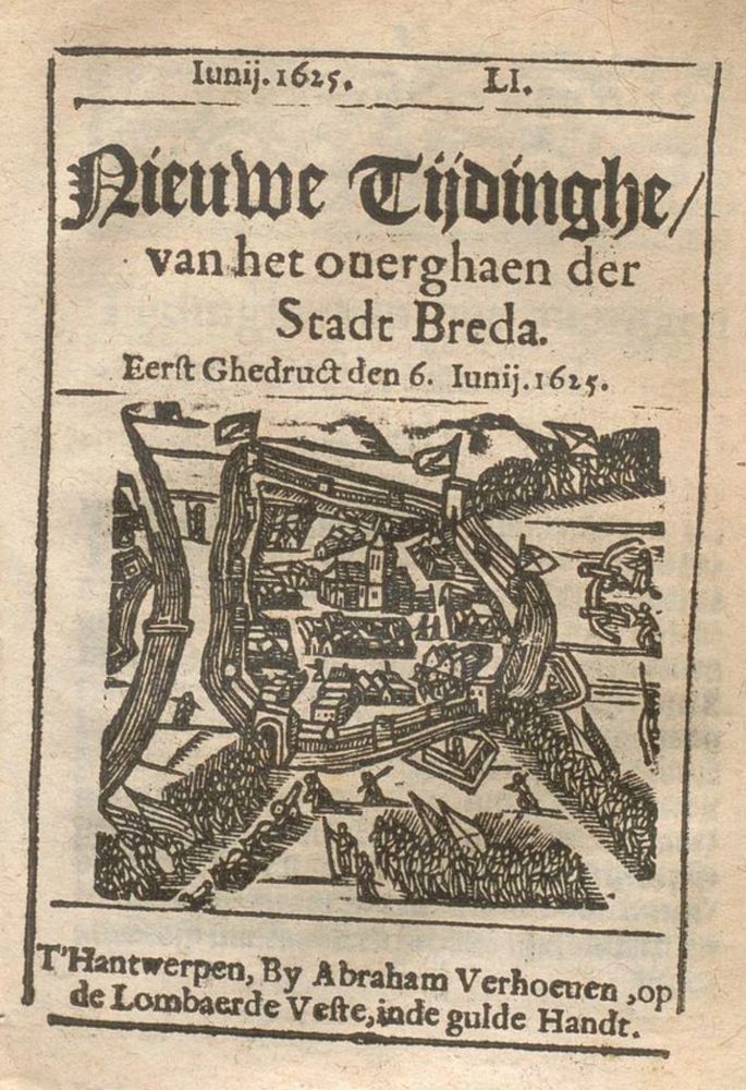 News of the surrender of Breda from Nieuwe Tijdinghen 1625 issue 51 (6 June): Nieuwe Tijdinghe, van het overghaen der Stadt Breda.

