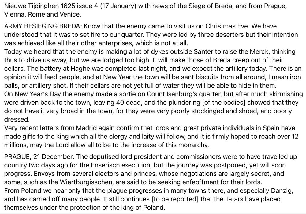News from the army besieging Breda and from Prague published in Antwerp on 17 January 1625.