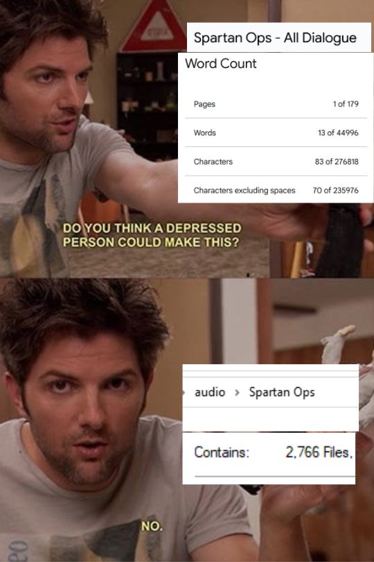A meme made from the Parks and Rec scene where he says "could a depressed person make this?" and it has my files of Spartan Ops all dialogue which is 179 pages long. There is also a screencap of 2,766 hand sorted audio files