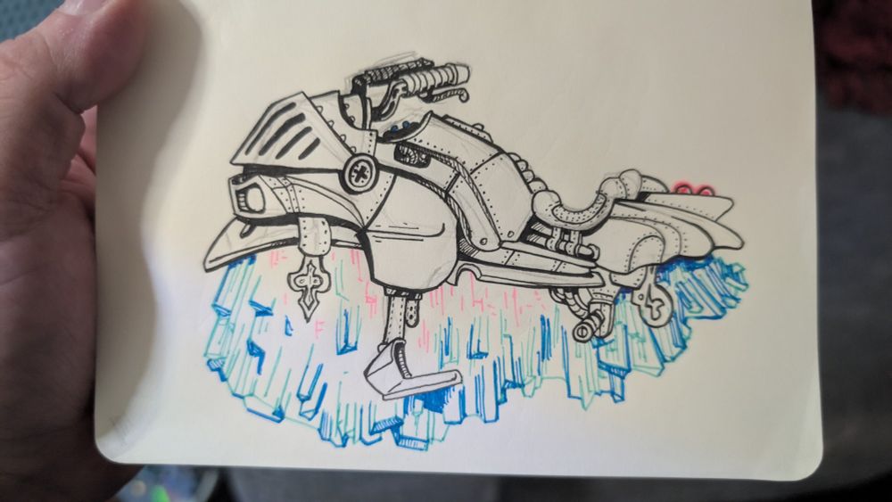 A sketchbook drawing of a fantasy themed motorcycle body mounted on a giant blue crystal ore.