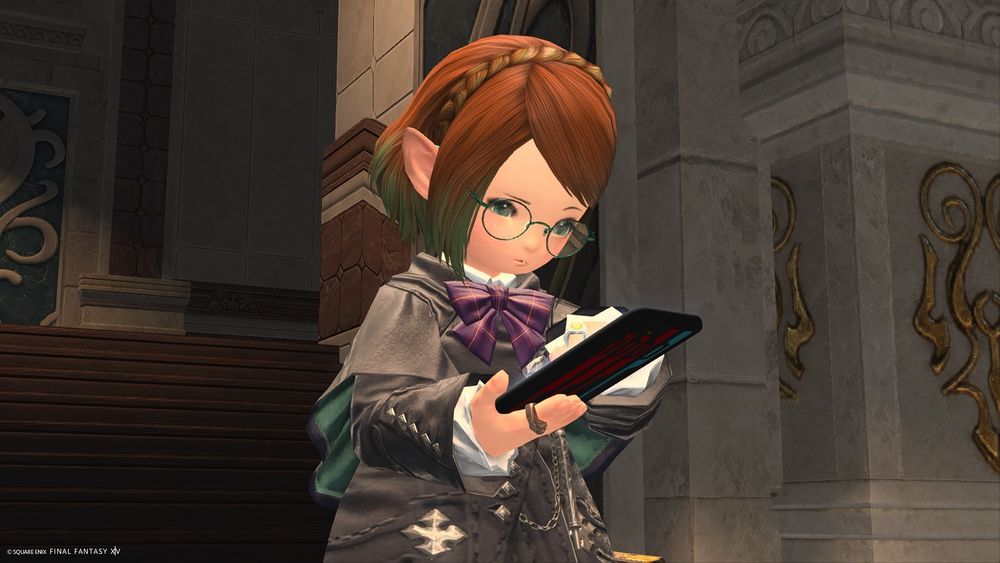 My lalafell character looking at a phone-like device (tomestone) with a confused expression