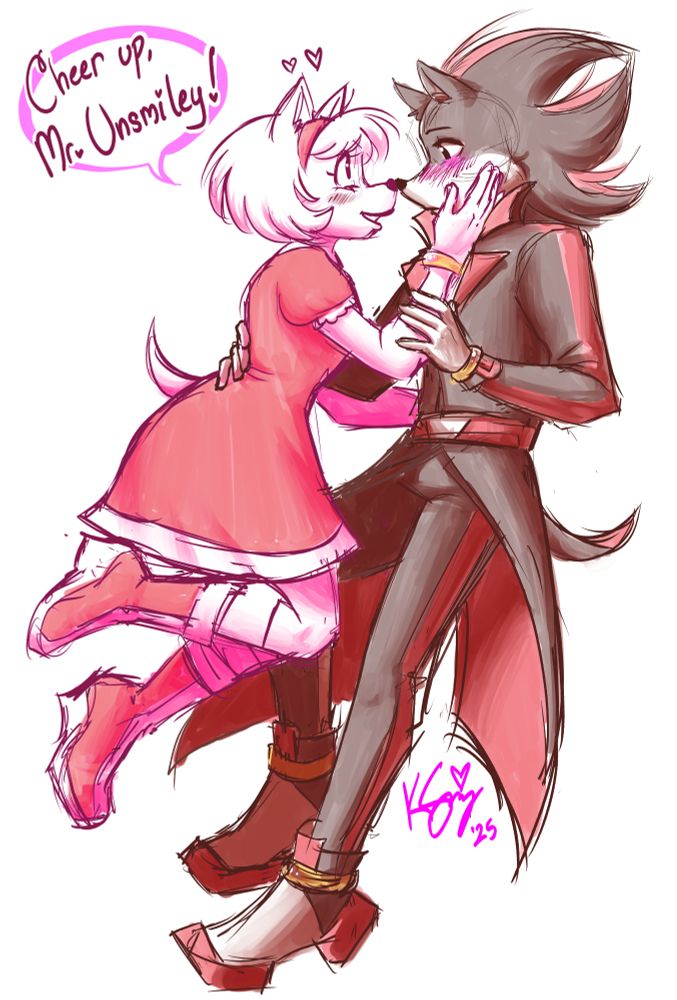 Sketch of shadow and amy embracing as amy caresses shadows cheek and boops their noses together. Shes saying "Cheer up, Mr. Unsmiley!"