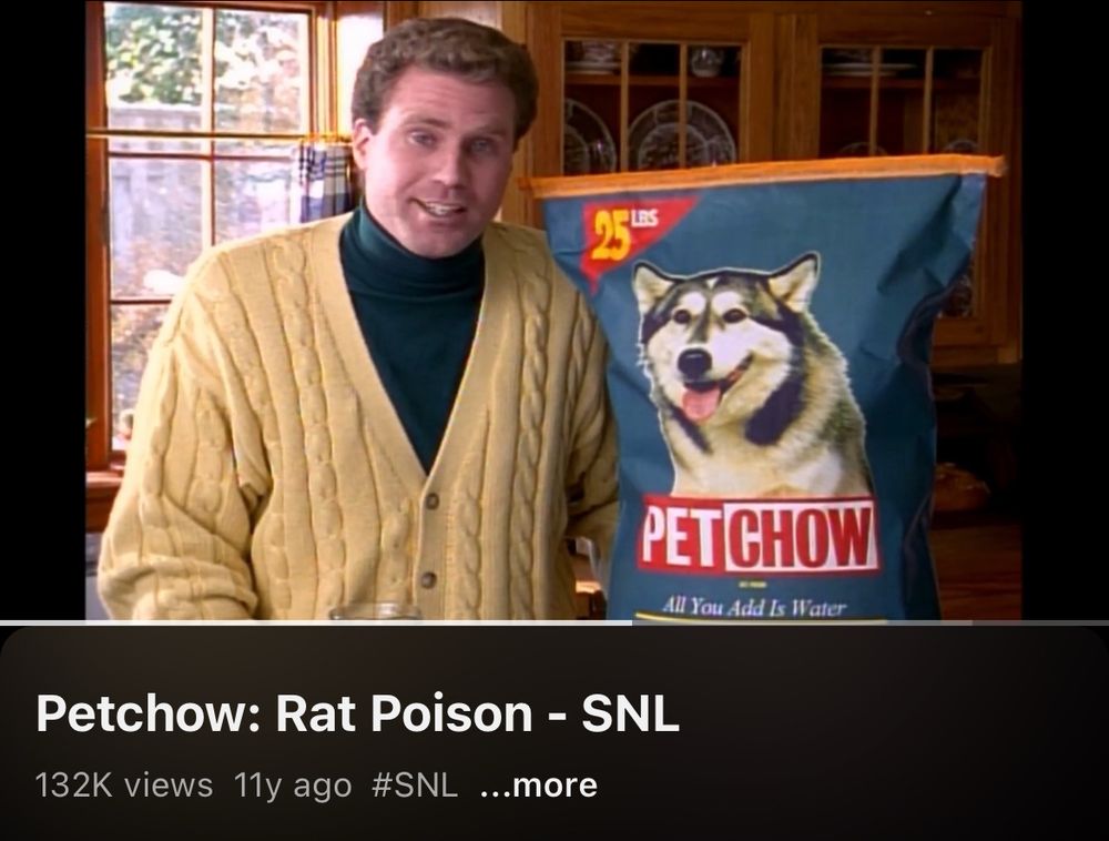Will Ferrell in front of a 25 lb bag of Petchow rat poison 