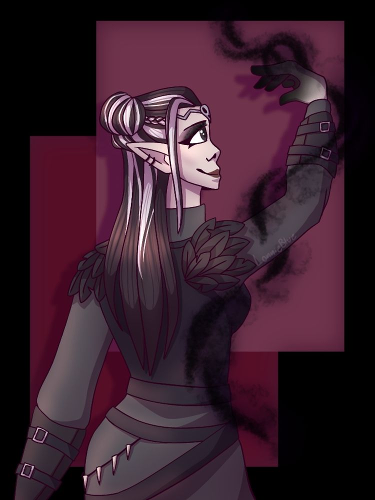 A woman with white streaks in her dark hair looks at her hand as shadow magic dances around it.