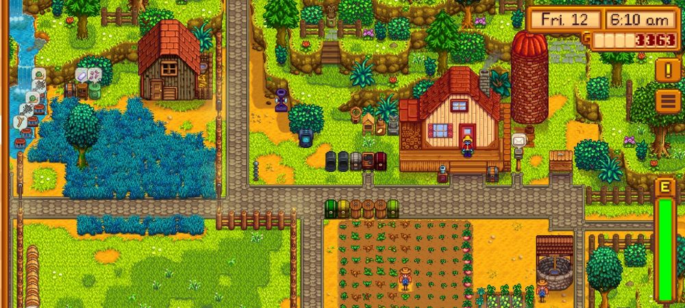 The upper right corner of the meadow farm. A silo has been squeezed into the top right corner, and the farmhouse has been pushed up beside it. 

To the left of the house, the chicken pen has been expanded south to make room for an eventual barn. Blue grass has overtaken the north half of the pen and is spreading to the south half. 

To the right of the pen and south of the house, the main plot of farmable land is mostly visible. An 11 by 11 field is centered on a scarecrow guarding various summer crops, most still in very early stages of growth. Abutting that field is another 5 by 5 field, this one served by an iridium sprinkler. 