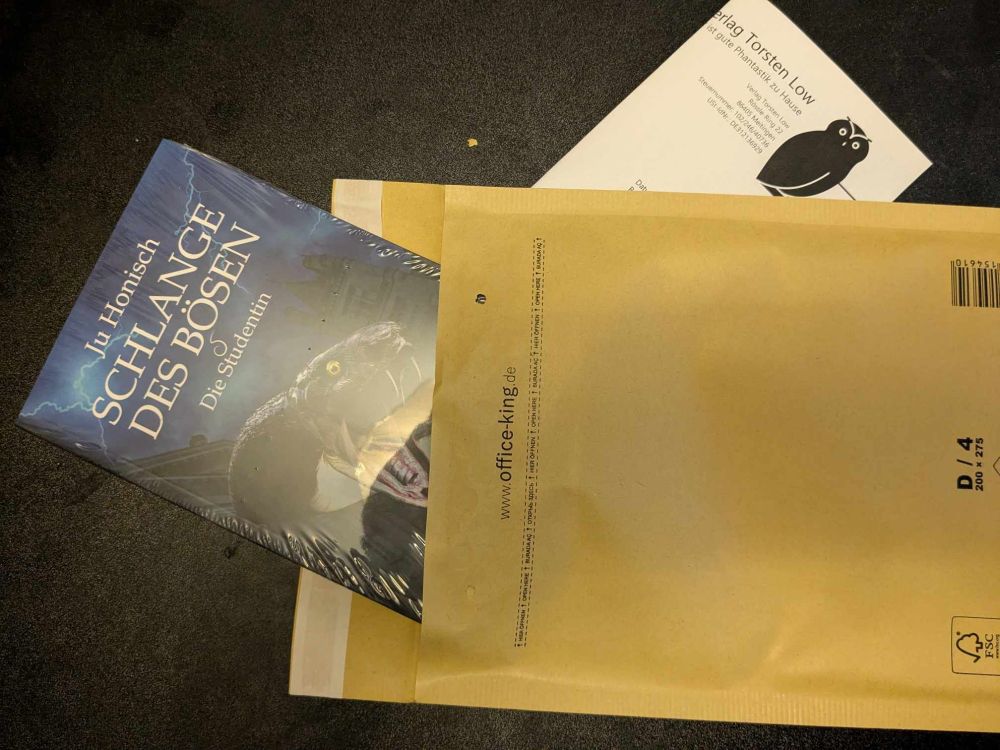 Ein Taschenbuch wird gerade in eine Versandtasche eingetütet.