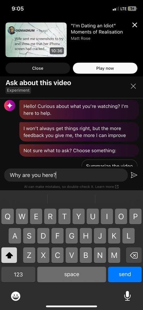 An AI prompt is visible, allowing the viewer to ask questions about the YouTube video. They just watched.