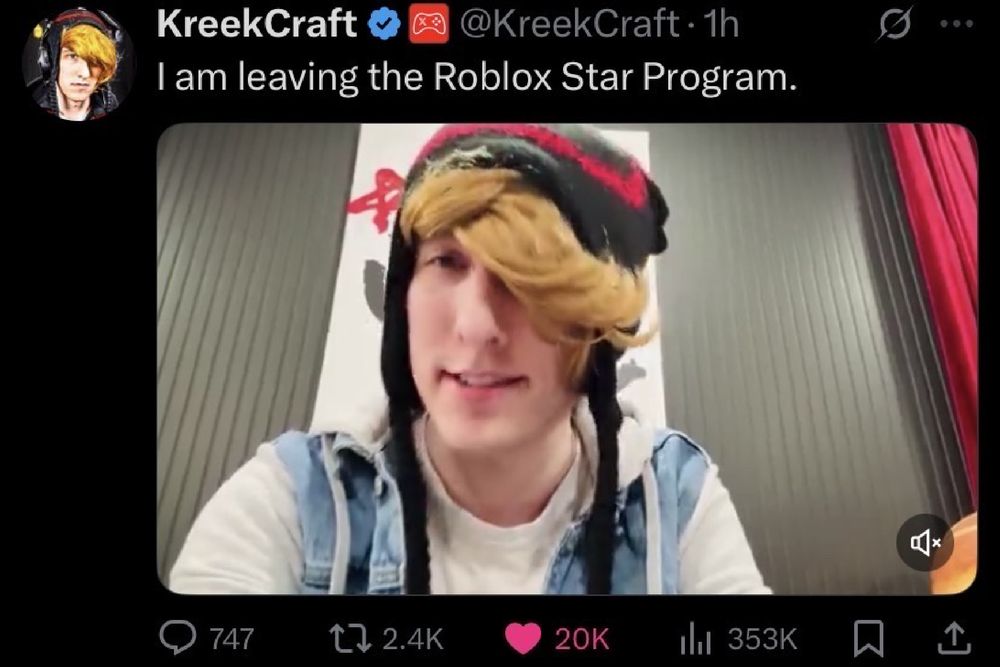 A tweet from youtuber KreekCraft with a video with the heading text “I’m leaving the Roblox star program“