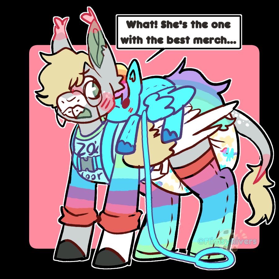 Fickle in some Rainbow Dash merch 