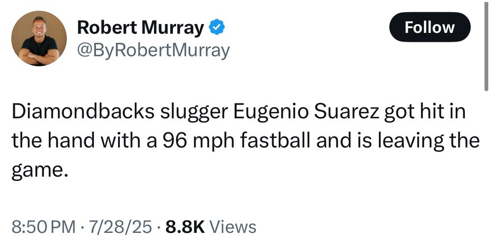 Robert Murray & @ByRobertMurray
Follow
Diamondbacks slugger Eugenio Suarez got hit in the hand with a 96 mph fastball and is leaving the game.
8:50 PM • 7/28/25 • 8.8K Views
