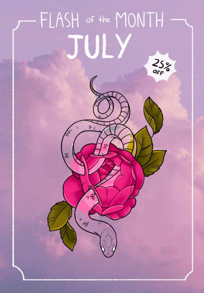 A tattoo flash on a pink cloud background of a transparent ghost snake winding through a pink rose which shows through its body. The title says Flash of the Month, July, 25% off