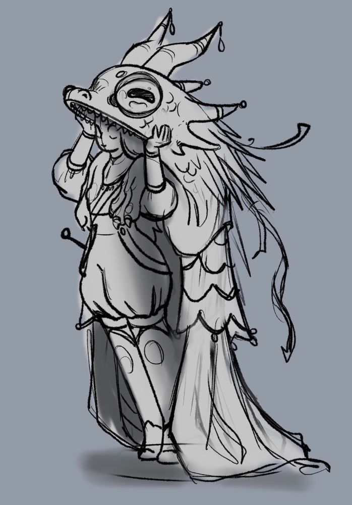 A rough sketch of a bard- type figure with a giant dragon-dancer style dragon puppet head forming a huge hood and cloak 