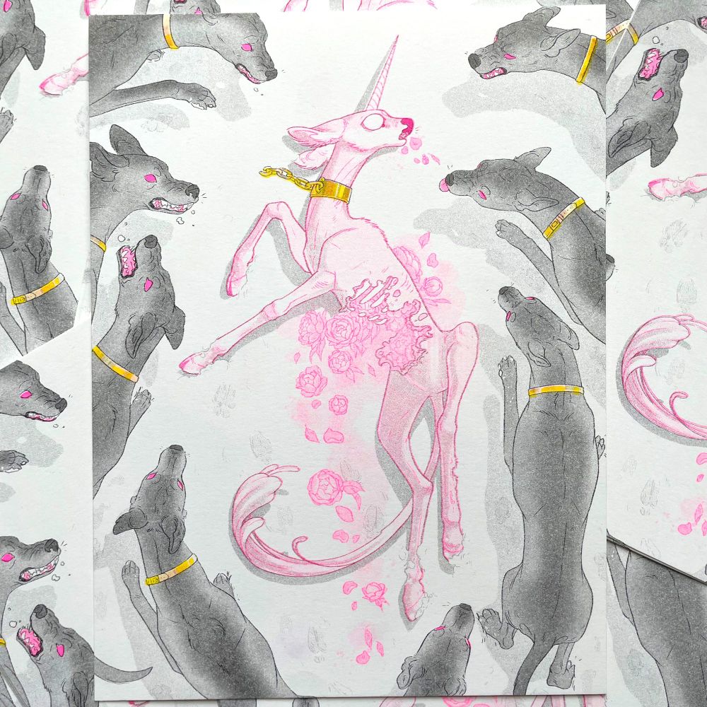 a riso print of a unicorn hunt scene, with a unicorn sprawled on the snow with flowers pouring from a large torso wound, as hounds with golden collars surround it
