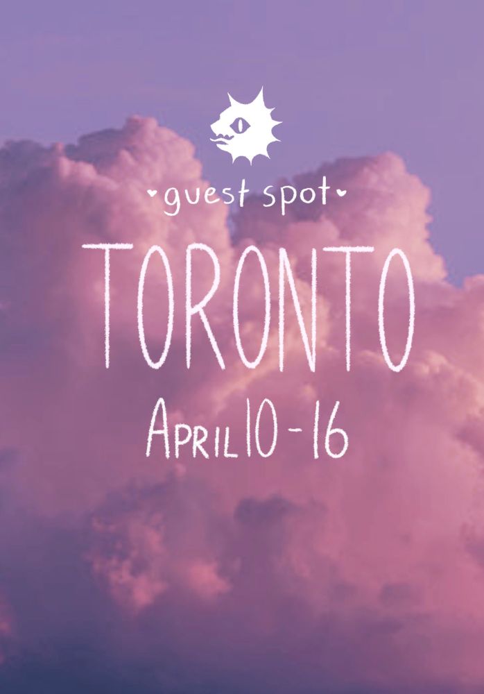 Pink clouds with white text over it- a logo of a cat face which is the logo of Clever Creatre Tattoo, and under it, Toronto, April 10-16.
