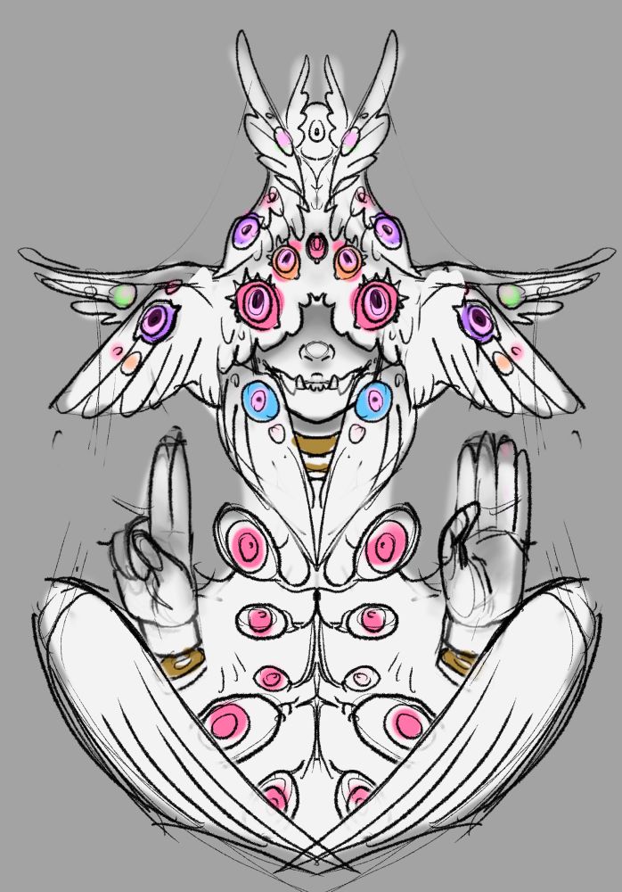 A sketch of a biblically accurate angel with many symmetrical wings and eyes, as well as a fanged lower face visible beneath the wings and two hands in saint-like poses 
