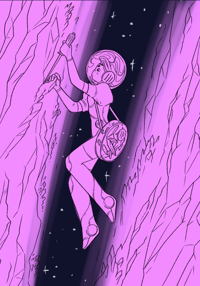 A girl in a fantastical space suit floating in a crystal ravine and chipping pink crystal from the wall, with a bag full of crystal shards 