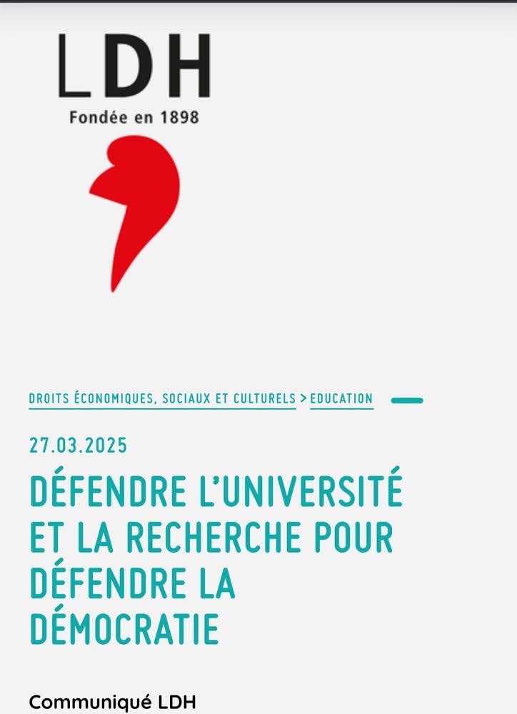 27.03.2025 									 										Défendre l’université et la recherche pour défendre la démocratie 									 									 									 									 										

Communiqué LDH

