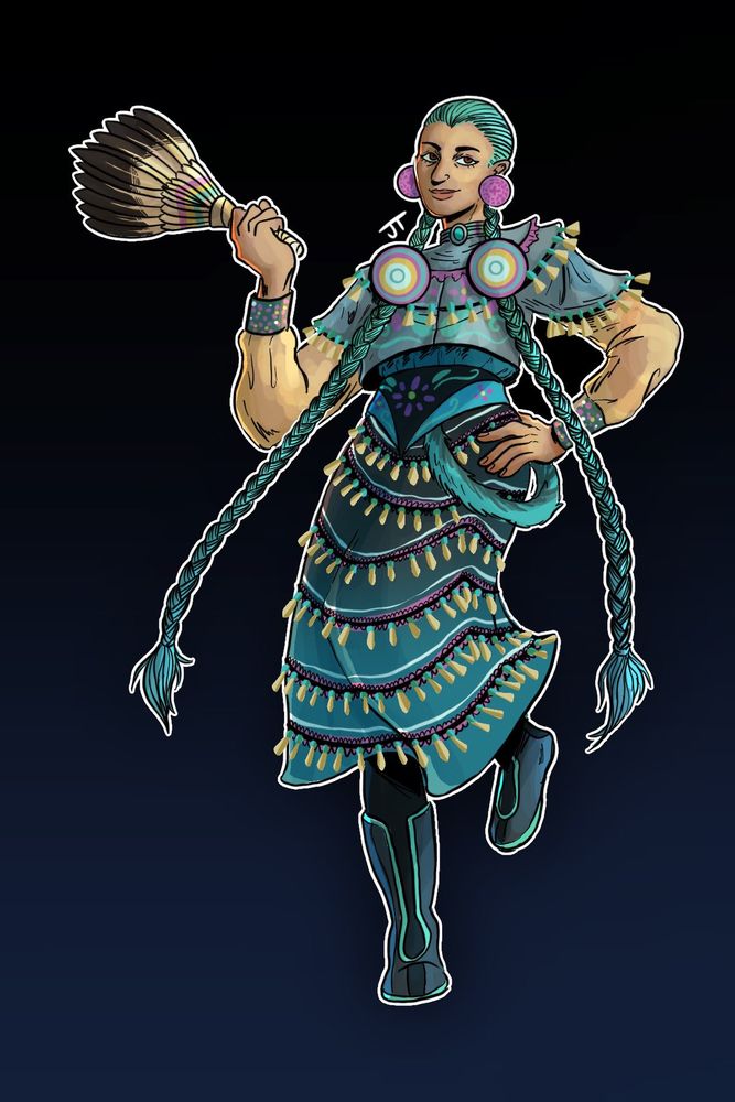 A Native American Hatsune Miku with a blue, yellow, and pink jingle dress, traditional of the Ojibwe tribes.