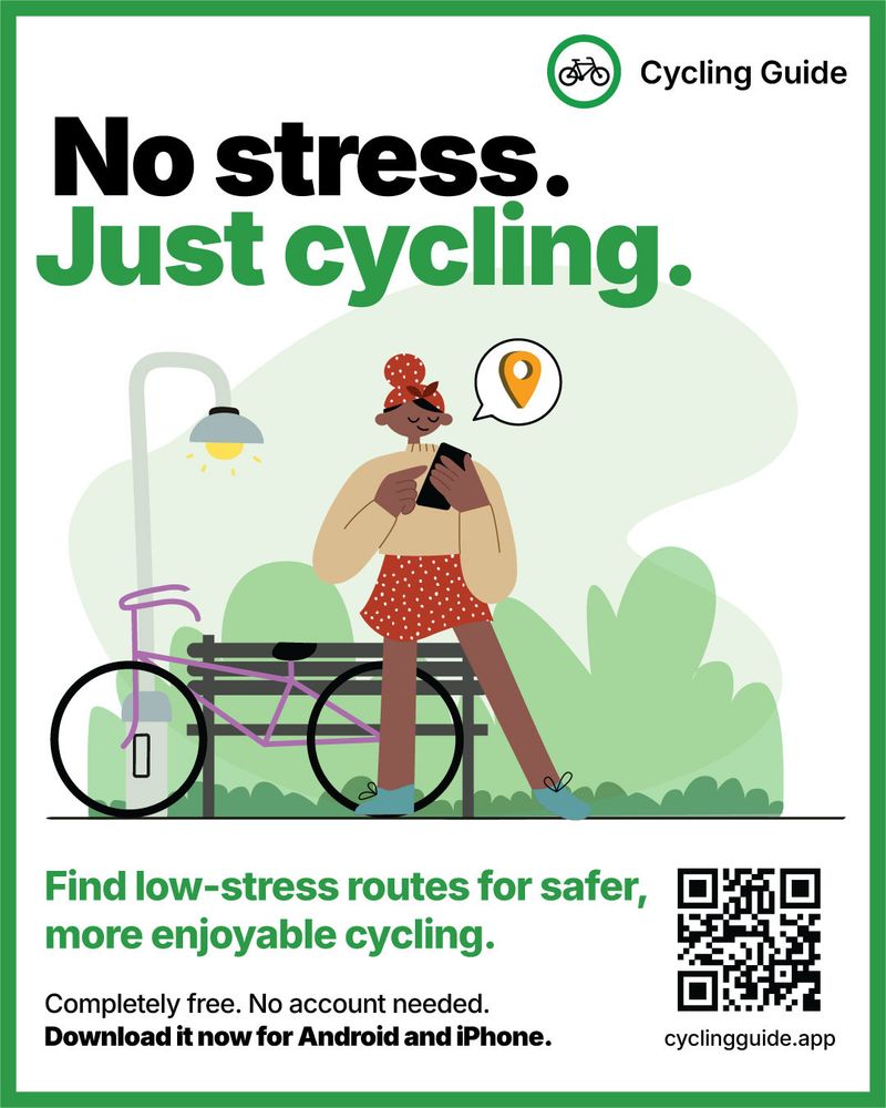Poster announcing the new Cycling Guide app that helps you find low-stress routes