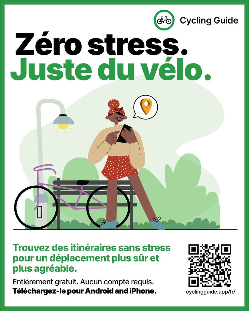 Affiche annonçant l’application Cycling Guide, qui permet de trouver des itinéraires sans stress à vélo.