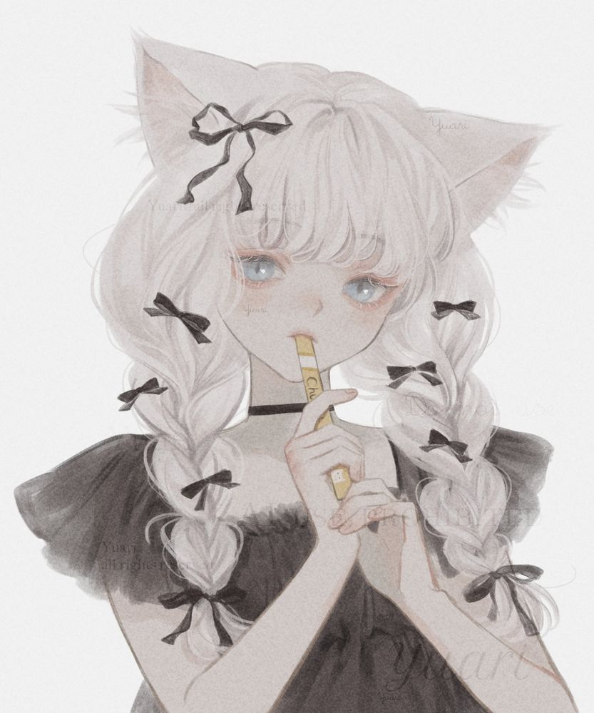 White cat girl with bows and churu
