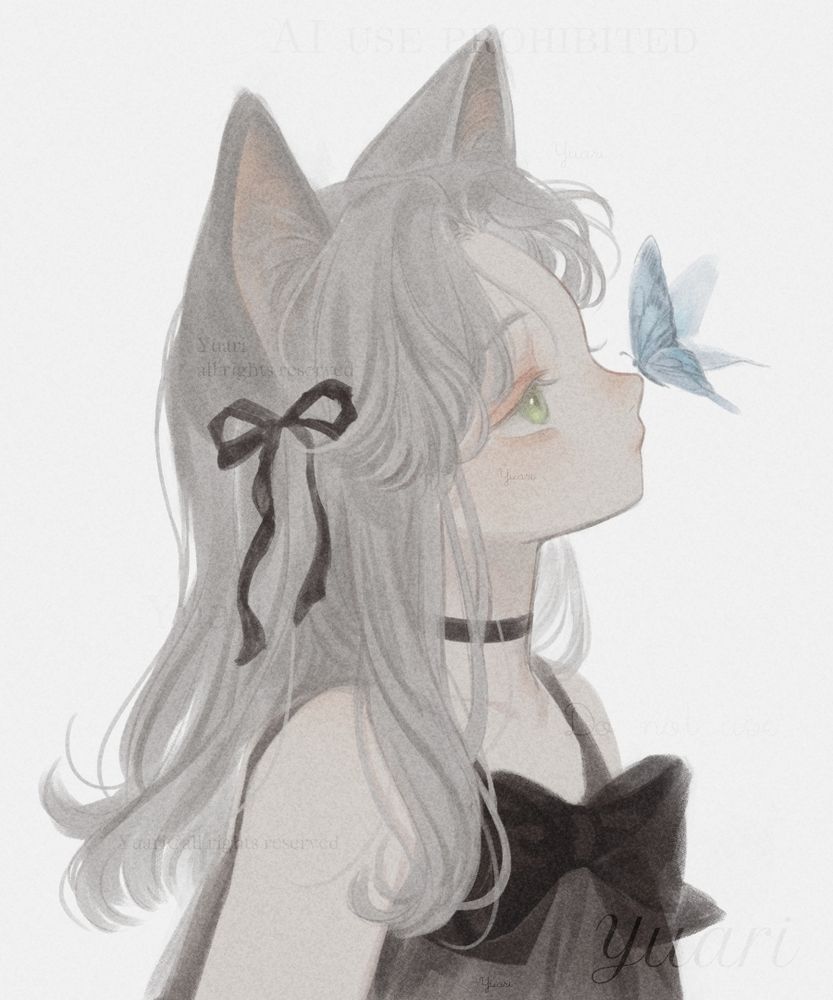 Gray cat girl with blue butterfly