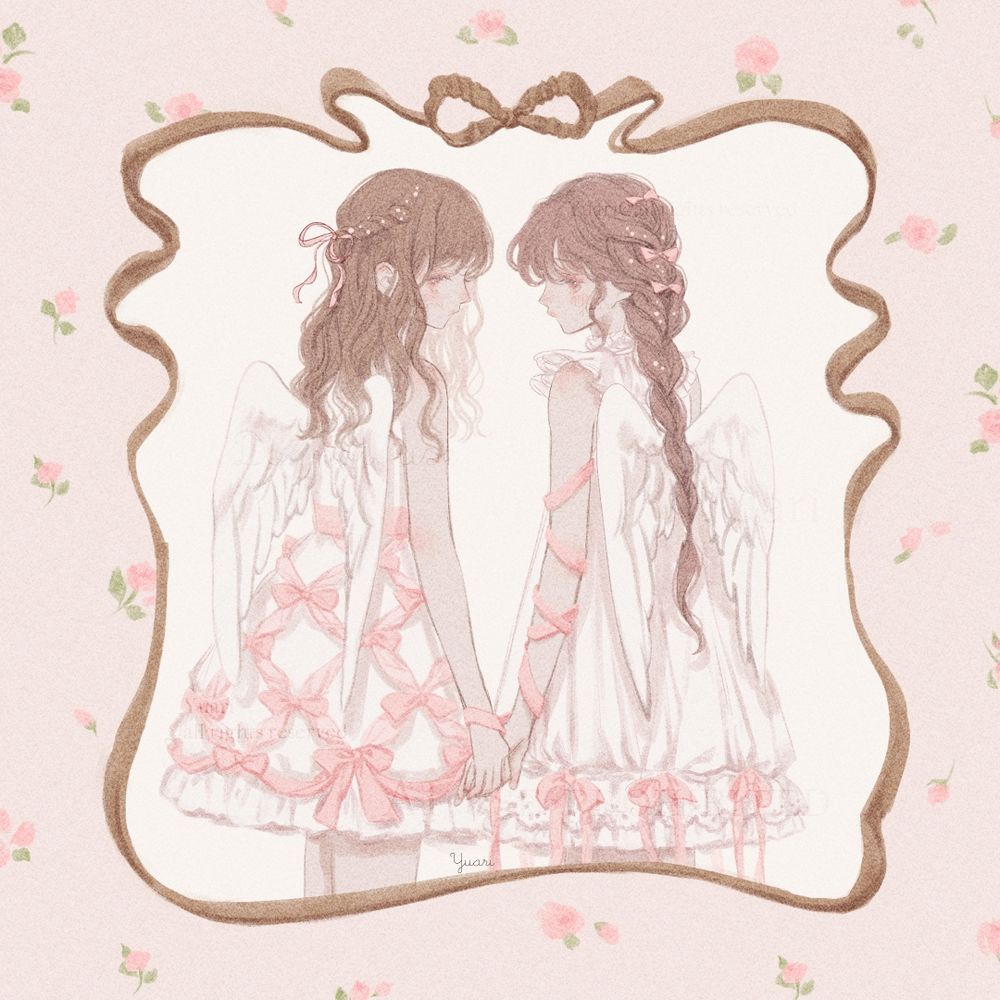 2 angels in white and pink ribbon dress
