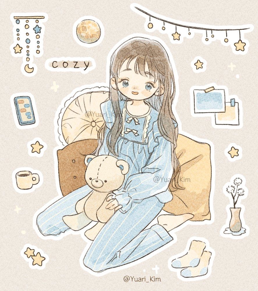 Drawing of a girl in cozy light blue pajamas with a teddy bear and cushions