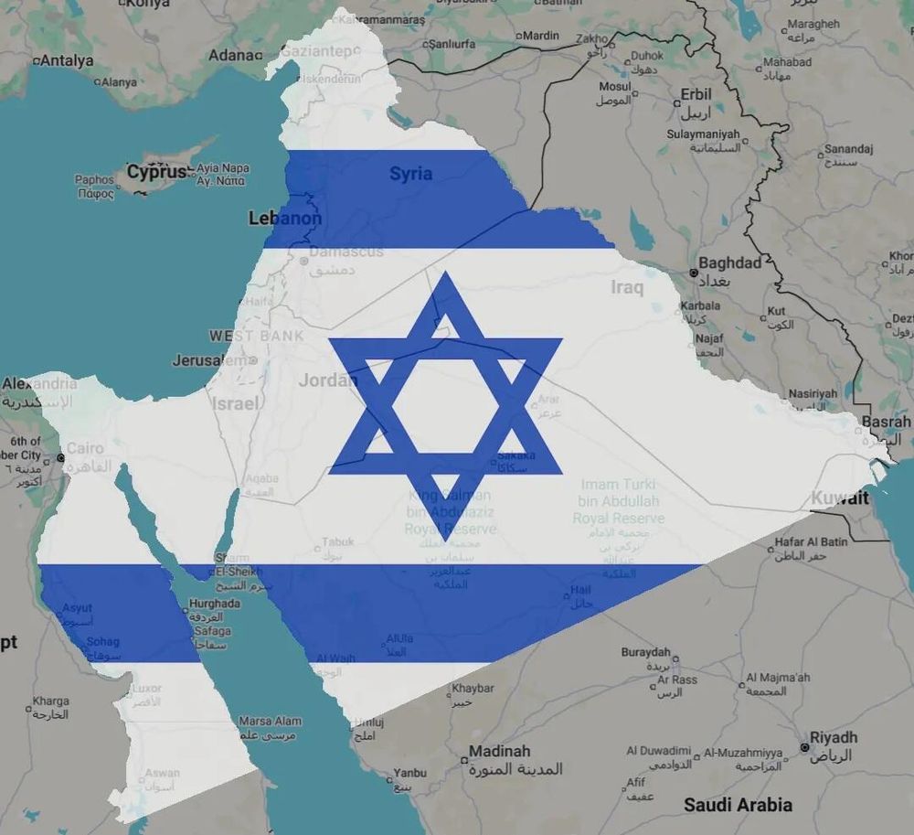 map of "greater Israel" stretching from Alexandria to Kuwait, and Turkey to Aswan.