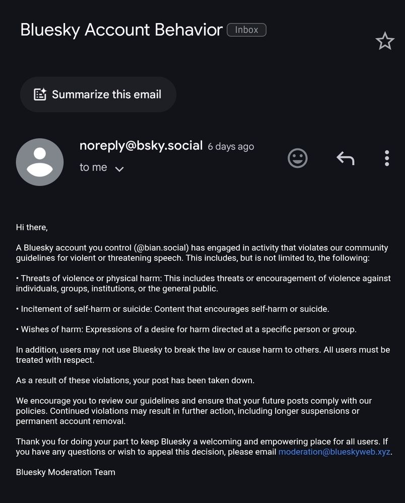 Cópia de e-mail onde o bluesky aponta que o usuário infringiu as diretrizes do site
