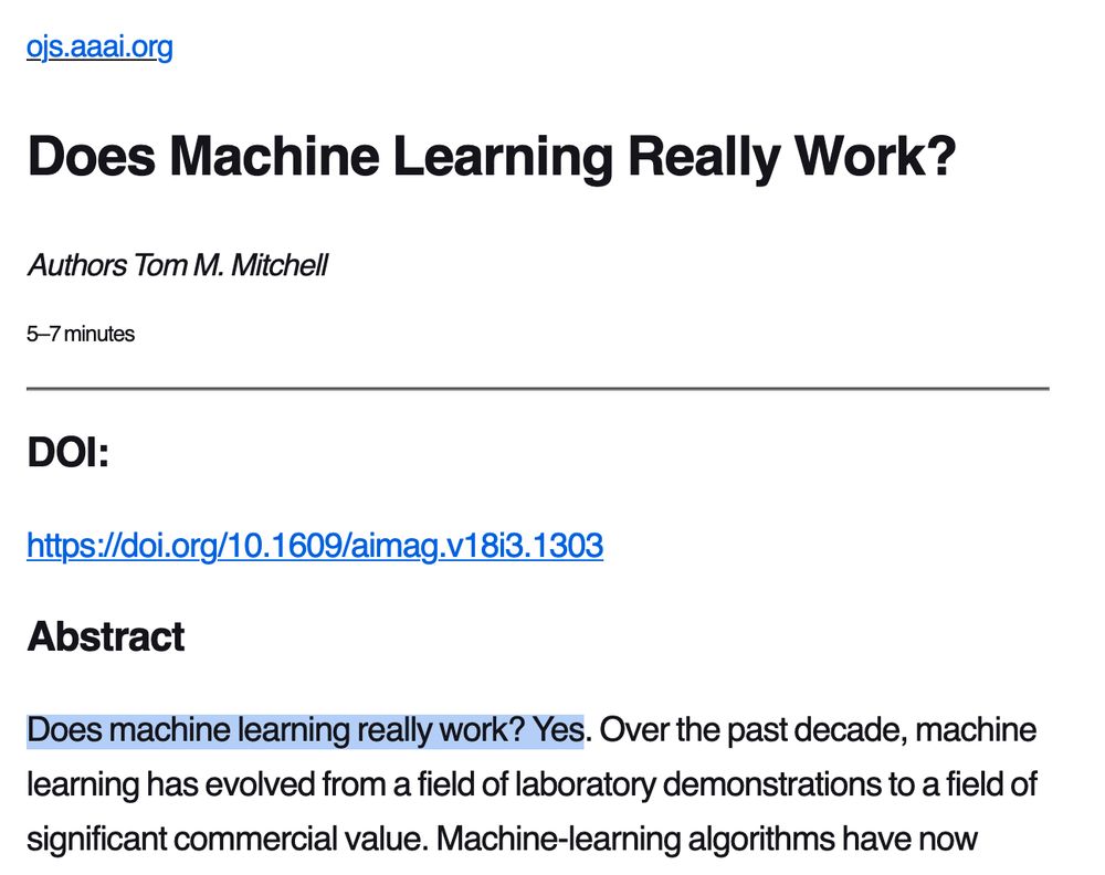 Screenshot of an article titled "Does Machine Learning Really Work?" by Tom Mitchell, in which the author says "Yes."