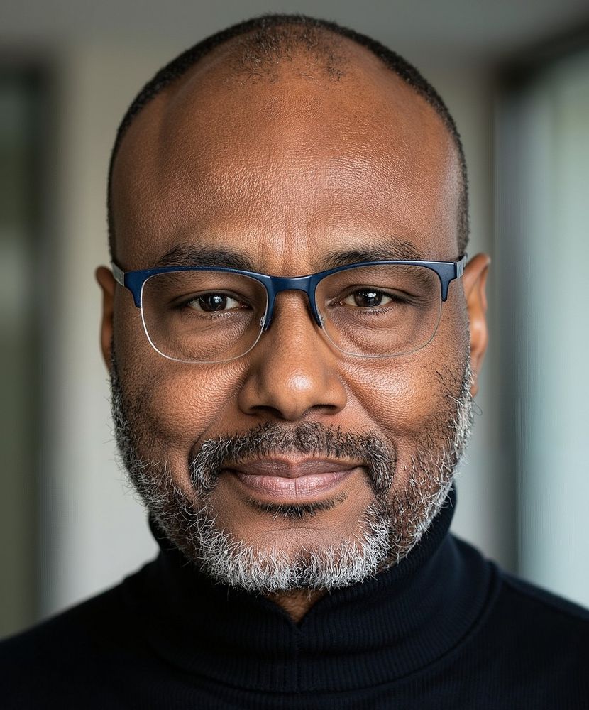 Close-up of a Black man with glasses, a neatly trimmed grey beard, and wearing a black turtleneck sweater. He's looking directly at the camera with a slight smile, set against a blurred, neutral background.