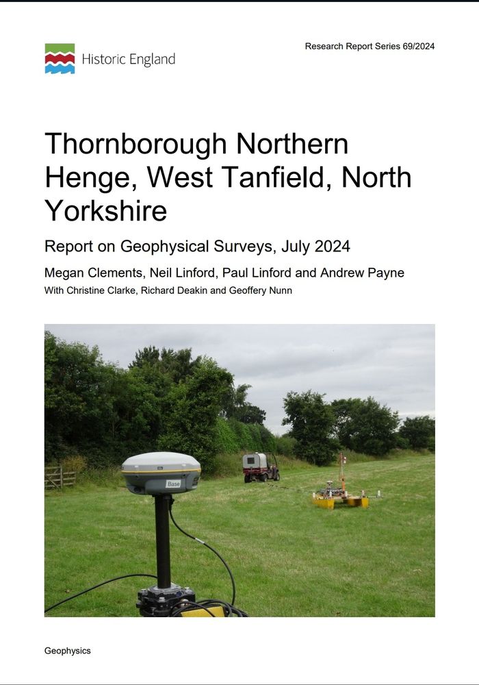 Cover image of the geophysical survey report from the Thornborough Northern Henge, showing a GPS base station in the foreground with a yellow sledge carrying the caesium magnetometer sensors used for the survey towed behind a small all terrain vehicle. This should have accompanied my previous post....