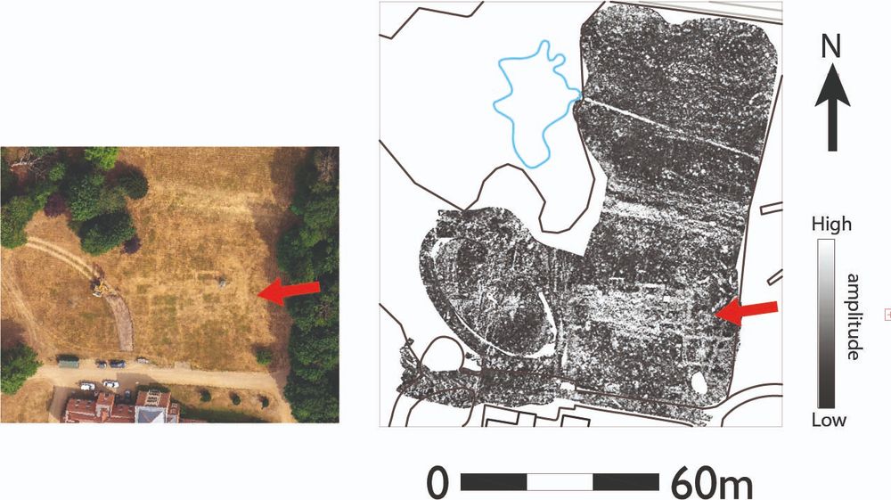 Image showing a colour aerial photograph (left) of heavily parched grass with a red arrow indicating the approximate location of buried building remains. The same building remains are shown in a monochrome image of the Ground Penetrating Radar data (right) at an approximate depth of 0.75m. Buried wall footings are shown as lighter tones in the amplitude time slice image.