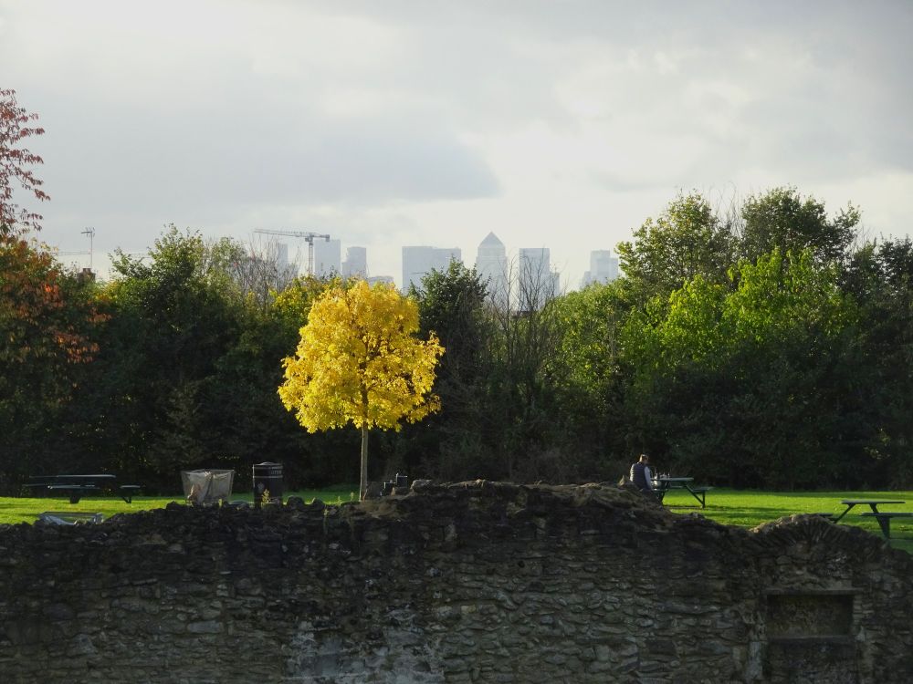 Colour photograph of a standing wall at Lesnes Abbey looking towards the London docklands skyline with the Canary Wharf tower in the centre of the frame.